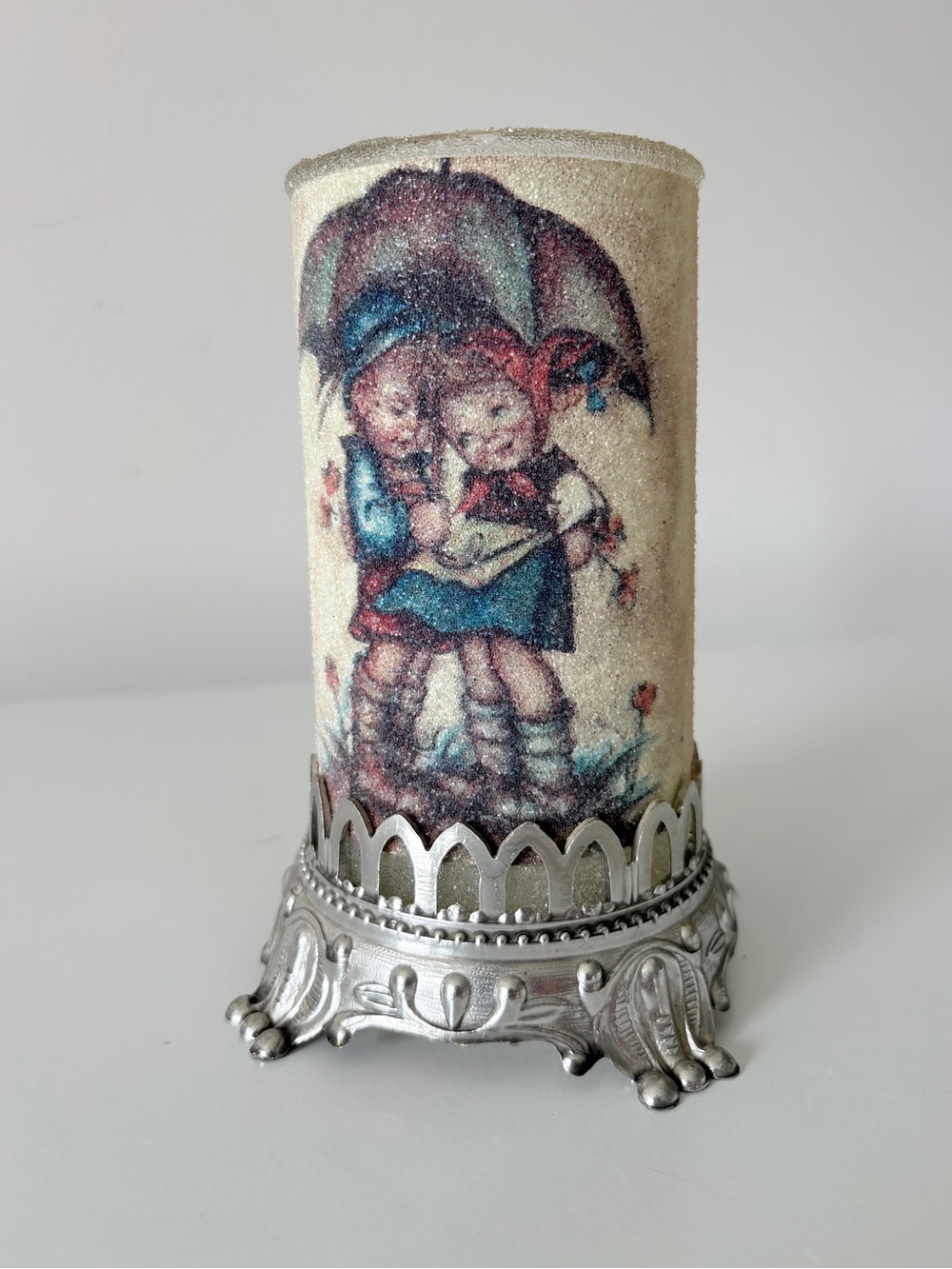 Vintage Danish Sugared Candle Holder Hummel Kids Umbrella Removable Stand 5”